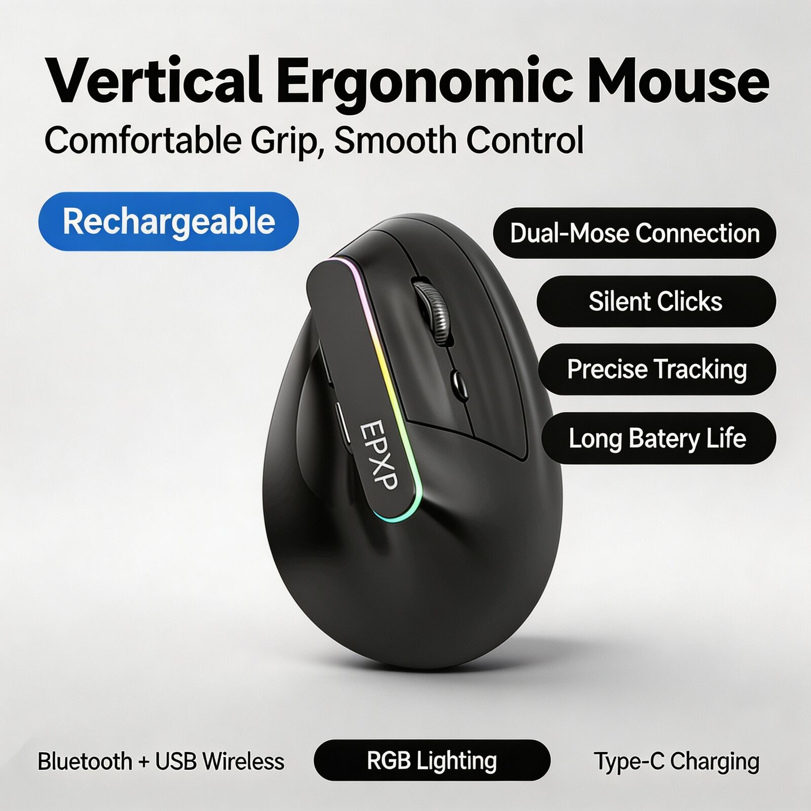 Ergonomic Mouse 2.4G Silent Click - Pionowa, ergonomiczna mysz bezprzewodowa Bluetooth 5.0