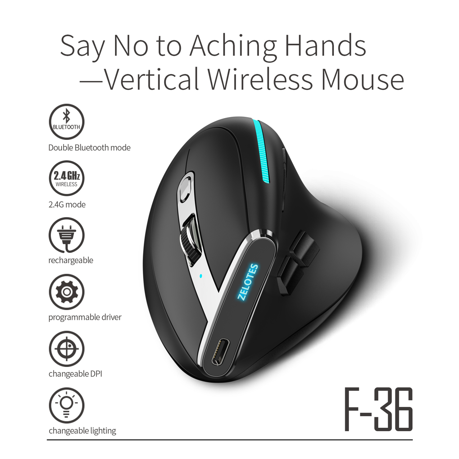 Vertical Mouse Rechargeable Bluetooth - ZELOTES F-36 – bezprzewodowa, pionowa mysz